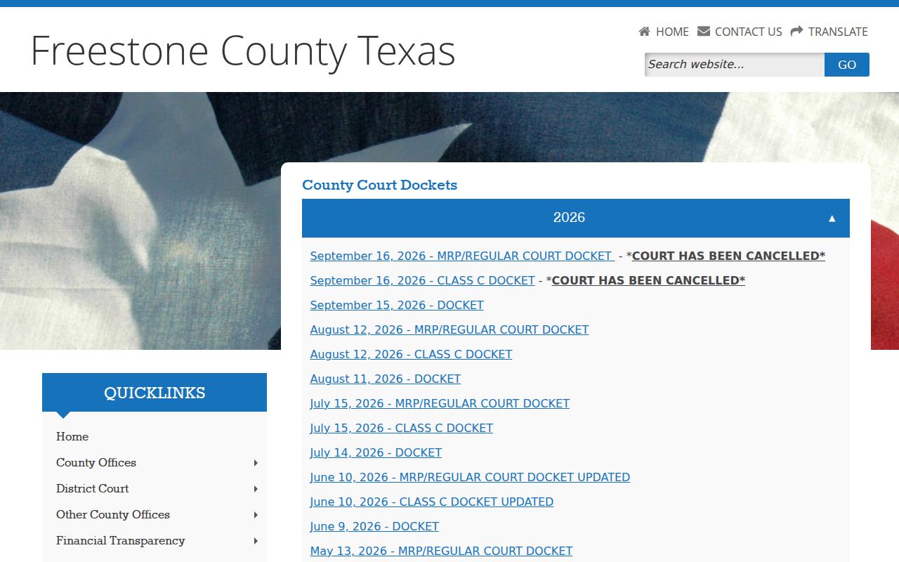 Freestone County active warrant records: County Court docket contact context