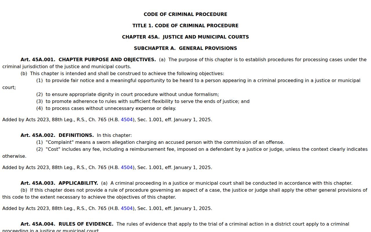 Freestone County bench warrant and capias pro fine Chapter 45A procedures